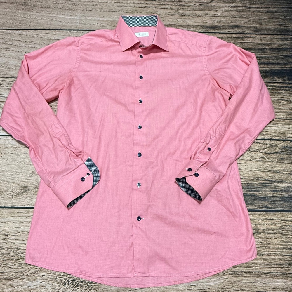Eton Dress Shirt Mens 17 Pink Contemporary Fit Micro Houndstooth Polka Dot Trim